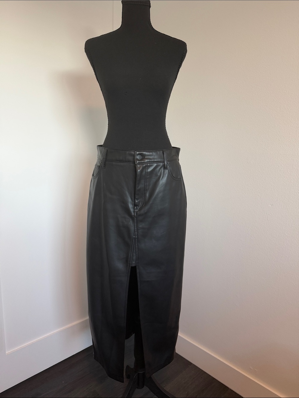 Hollister Black Faux Leather Midi Skirt with Front Slit